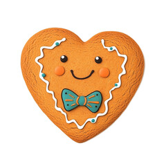 Heart-Shaped Gingerbread Cookie with Cartoon Happy Face and Colorful Icing Bows