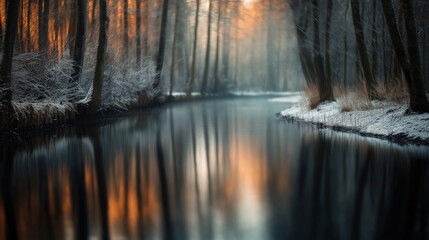 A tranquil winter scene with a river reflecting trees and soft orange light.