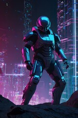 Fototapeta premium A special forces agent from the planet Mars, clad in a sleek, futuristic black uniform, navigates a neon-drenched, sci-fi landscape. The atmosphere is a vibrant blend of synthwave and retro-futuristic