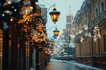 A quiet Moscow street with vintage lanterns glowing warmly, snow gently falling on the rooftops and...