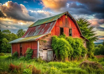 Panoramic Abandoned Red Barn Shed, Old Farm Building, Rustic Photography, Rural Landscape