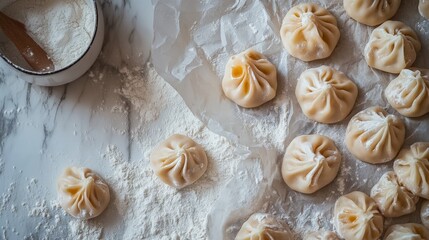 Uncooked dumplings arranged on a parchment-lined wooden board