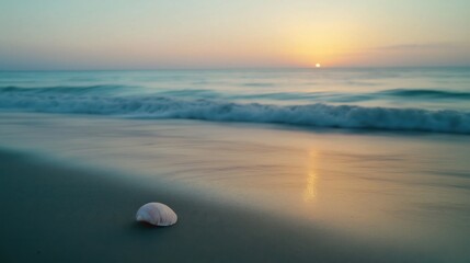 Obraz premium A beautiful shell resting on the sandy beach during a stunning sunset.