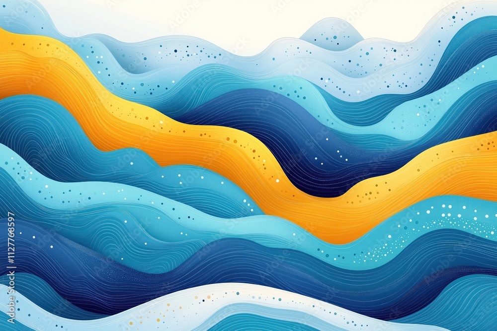 Poster Seamless wave pattern illustration. Abstract ocean waves in shades of blue, yellow. Dynamic curves create textured effect. Suitable for wallpaper decoration. Intricate design with layers of wavy