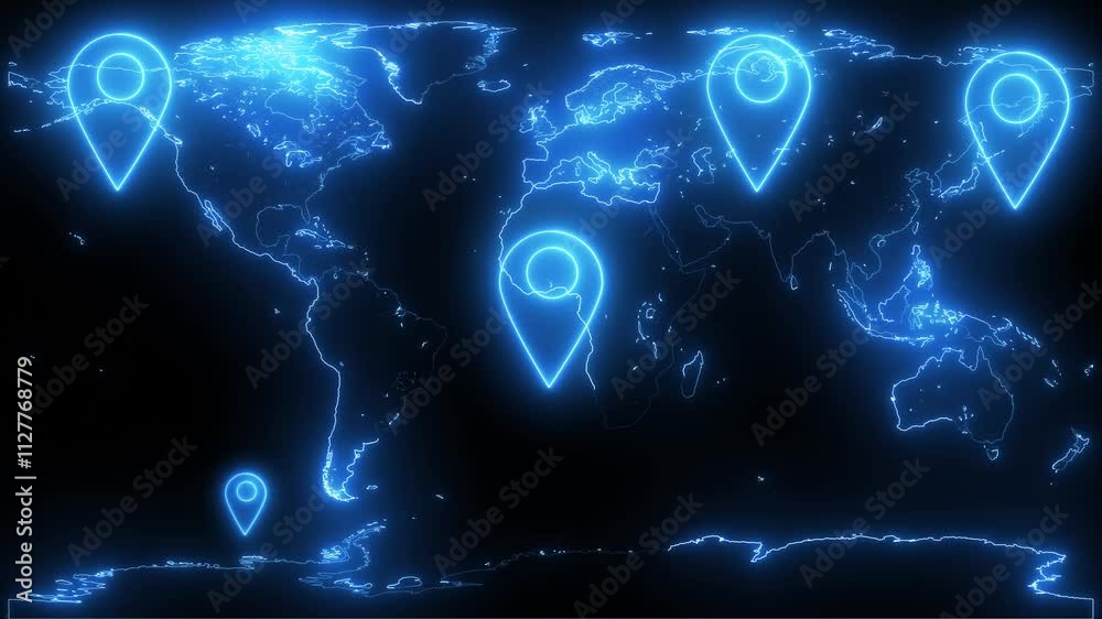 Wall mural glowing map with location pins on blurry gps and navigation concept neon line world map location tra