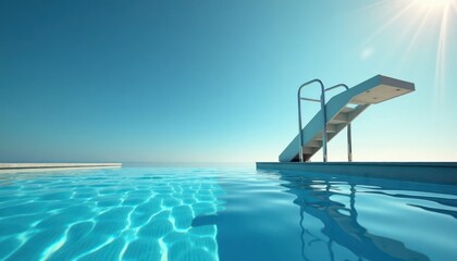 Outdoor swimming pool with diving board. Crystal clear water reflects a vibrant blue sky. Sunny day. Relaxing oasis. Fresh design style. Perfect for vacation or resort. Luxurious feeling.