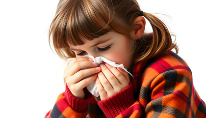 Girl kid feeling bad, has runny nose, using tissue and sitting wrapped in plaid isolated with white highlights, png