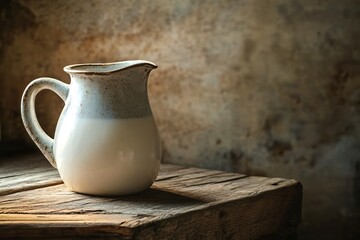 Rustic Milk Jug on Wooden Table with Textured Background