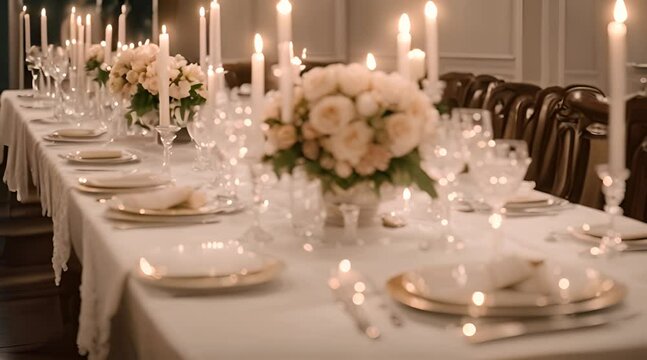 Close up of wedding reception table setting with flower arrangements, soft candlelight casting a warm glow