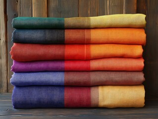 Stacked colorful textiles showcase vibrant hues and textures