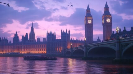 Fototapeta premium London sunset, Big Ben, river, bridge, boat.