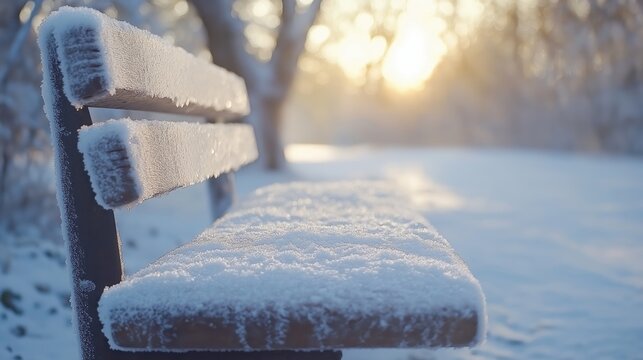 A wooden bench covered in snow during a winter sunset in a serene park.
