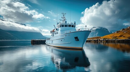 A serene view of a boat docked in calm waters, surrounded by mountains and clouds.