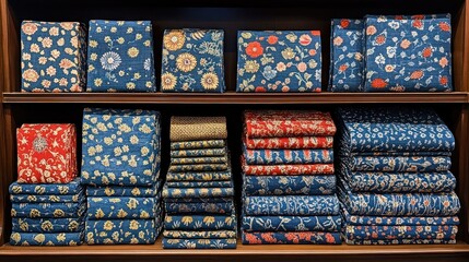 Stacks of floral fabric in blue and red.