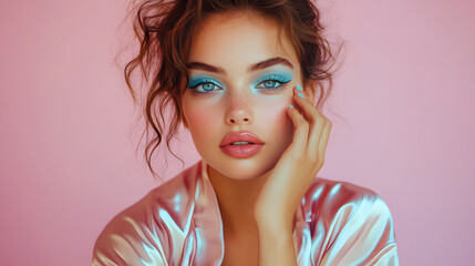 Woman in Silk Robe Applying Bright Blue Eyeshadow