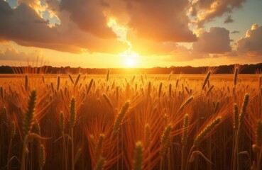 Golden sunset paints vast wheat field. Golden wheat stalks sway gently under warm evening light. Dramatic clouds fill sky with hues of orange, amber. Peaceful, serene atmosphere. Field of wheat