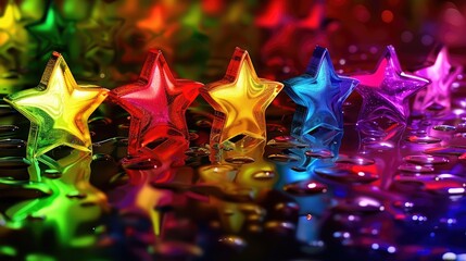Stars in vivid colors set against a dark, reflective surface, making a vibrant and eye-catching display.