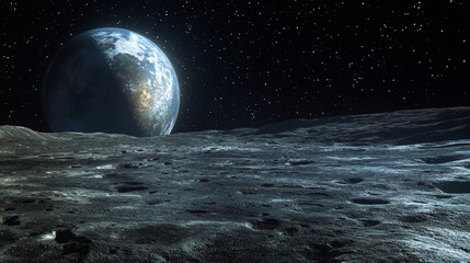 A view of Earth rising above the rocky, crater filled surface of the moon