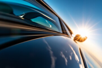 A close-up of a car's side reflecting the sun at sunset.
