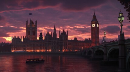 Naklejka premium London Parliament, sunset, river, bridge, boat.