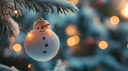 A snowman ornament hanging on a snow-covered tree branch with blurred lights in the background.