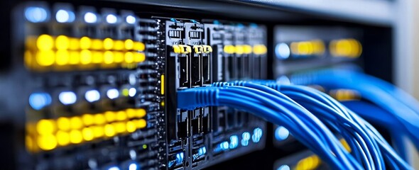 Naklejka premium Ethernet Cables and Network Switches in Server Rack Data Center