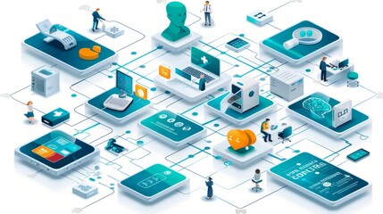 Isometric illustration of interconnected digital devices and human interactions representing a complex system.