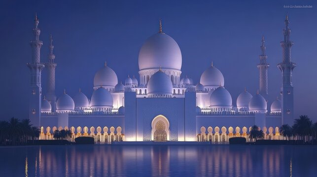 Grand Mosque, illuminated, serene night reflection.