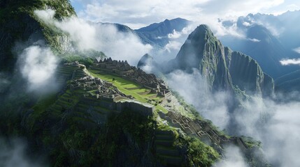 Misty mountaintop ruins, ancient Incan city.