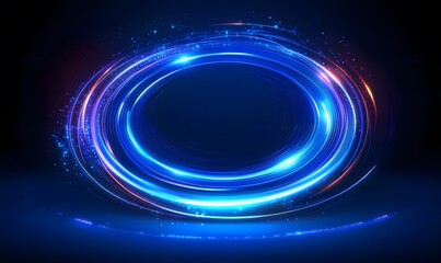  Abstract glowing circle lines on dark blue background. Geometric stripe line art design. Modern shiny blue lines. Futuristic technology concept. Suit for poster, cover, banner, brochure and website 