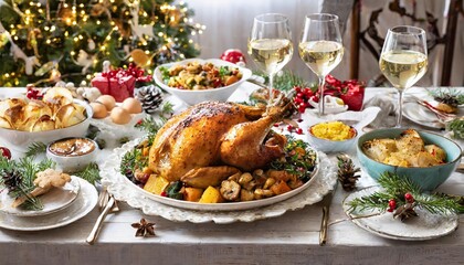 A Joyful Christmas Family Dinner Featuring a Beautifully Roasted Chicken Surrounded by Festive Garnishing and Decor, Perfectly Set for a Memorable Holiday Celebration with Loved Ones