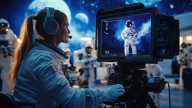 Female Director Shooting Sci-fi Movie with Astronaut using Advanced CGI and Virtual Production