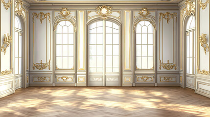 Fototapeta premium An century french rococo style salon with ornate white and gold paneling and parquet floors. Rococo. Illustration