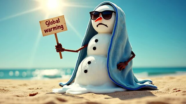 Melting snowman protests global warming on sunny beach