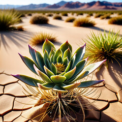 A close-up view of a single flower growing in an arid desert. The flower’s vibrant and colorful petals contrast against the cracked, dry earth and the muted tones of the desert backdrop.