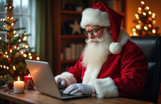Santa Claus uses laptop in cozy home office with festive Christmas tree, lights. Santa sits in chair, types on laptop. Christmas decorations, candles on wooden table. Cozy home environment. Festive