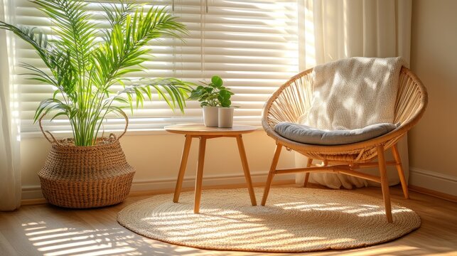 Sunlit room corner with rattan chair, plant, and side table.
