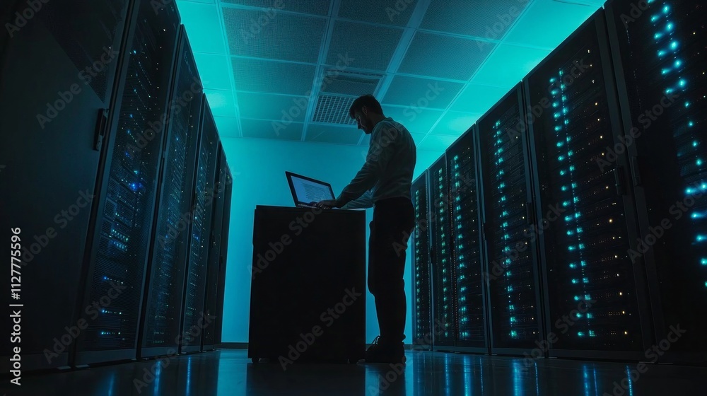 Poster amidst a futuristic server room, a technician focuses intently on a laptop, surrounded by rows of gl
