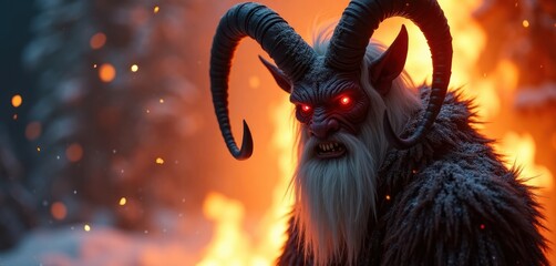 Fiery winter scene shows Krampus demonic figure. Krampus stands in fiery background. Festive winter celebration concept. Pagan new year tradition. Dramatic image ideal for holiday banners, new year