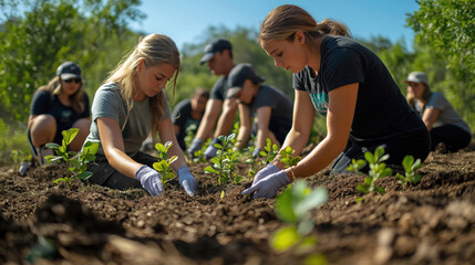 Volunteers plant young trees in forest on sunny community service day. Work together planting greenery in forest. Collaborative activity under clear blue sky. Eco-friendly project great teamwork
