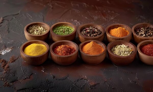 A vibrant display of various spices in wooden bowls, showcasing culinary diversity and flavor.