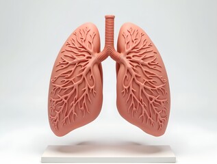 Anatomical model of human lungs displayed on a white pedestal, highlighting the intricate bronchial tubes against a plain, light background.