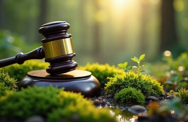 Giant wooden gavel rests on green earth. Image global environmental law, justice. Concept suggests importance eco-law, fair judgment. Peaceful, positive atmosphere. Natural setting. New eco law.