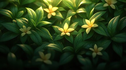 Obraz premium Sunlit yellow flowers in lush green foliage.