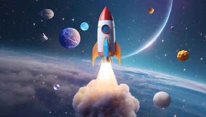 This captivating artwork captures a powerful rocket flying through the boundless universe, surrounded by stars and cosmic dust. The image evokes the thrill and mystery of outer space, inspiring