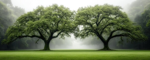 Two Majestic Oaks in a Misty Meadow