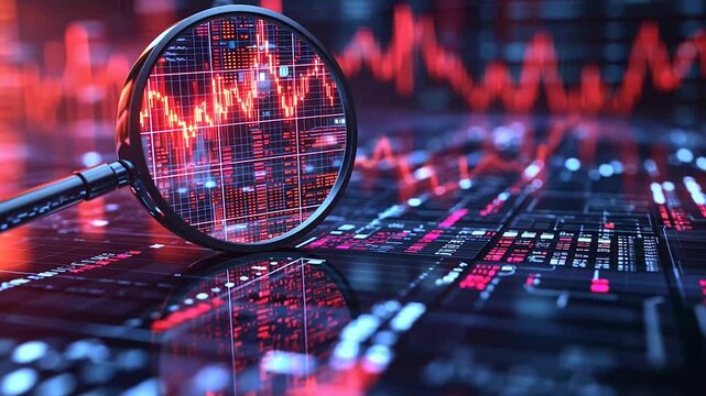 Magnifying Glass on Digital Circuit Board and Stock Market Chart.