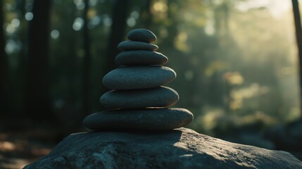 A serene arrangement of smooth stones stacked on a rock in a tranquil forest setting.