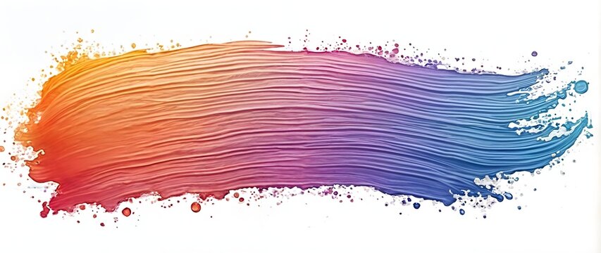 A dynamic brushstroke transitions from orange and red to blue and purple, with splatters on a white background, highlighting movement and creativity.