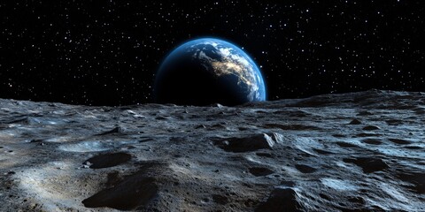 A view of Earth rising above the rocky, crater filled surface of the moon